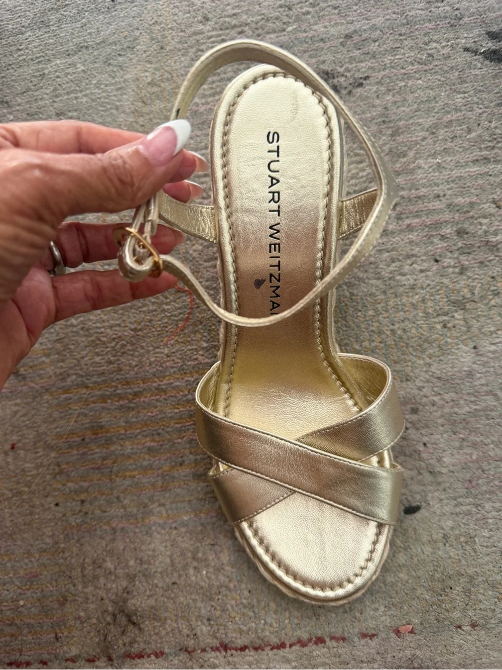 Stuart Weitzman  Size 7B DAYNA ESPADRILLE WEDGE SANDAL in Gold Leather & Jute